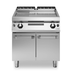 Gas griddle, 2/3 smooth 1/3 ribbed polished chromed plate, on cabinet with doors R90/80FTG/CLR/P ROC900