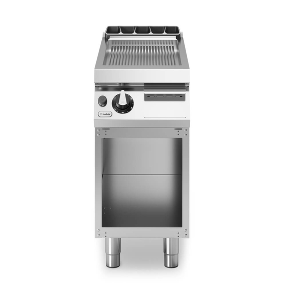 Gas griddle, ribbed polished chromed plate, on open cabinet R90/40FTG/CR/A ROC900
