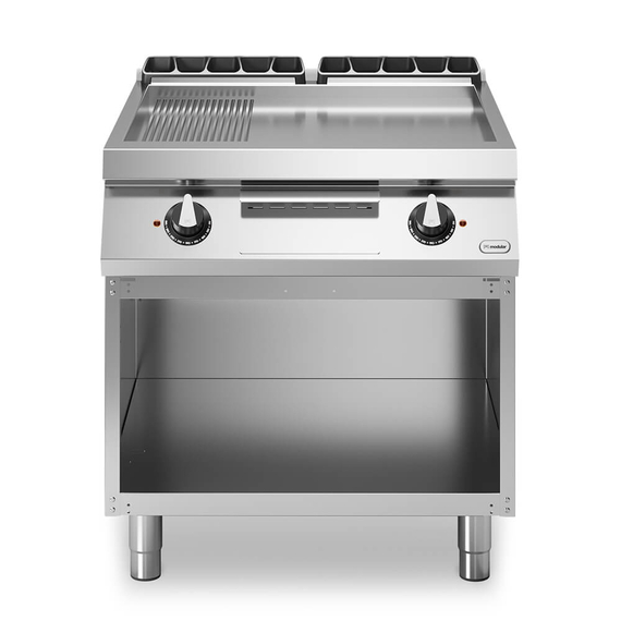 Electric griddle, 2/3 smooth 1/3 ribbed polished chromed plate, on open cabinet R90/80FTE/CLR/A ROC900